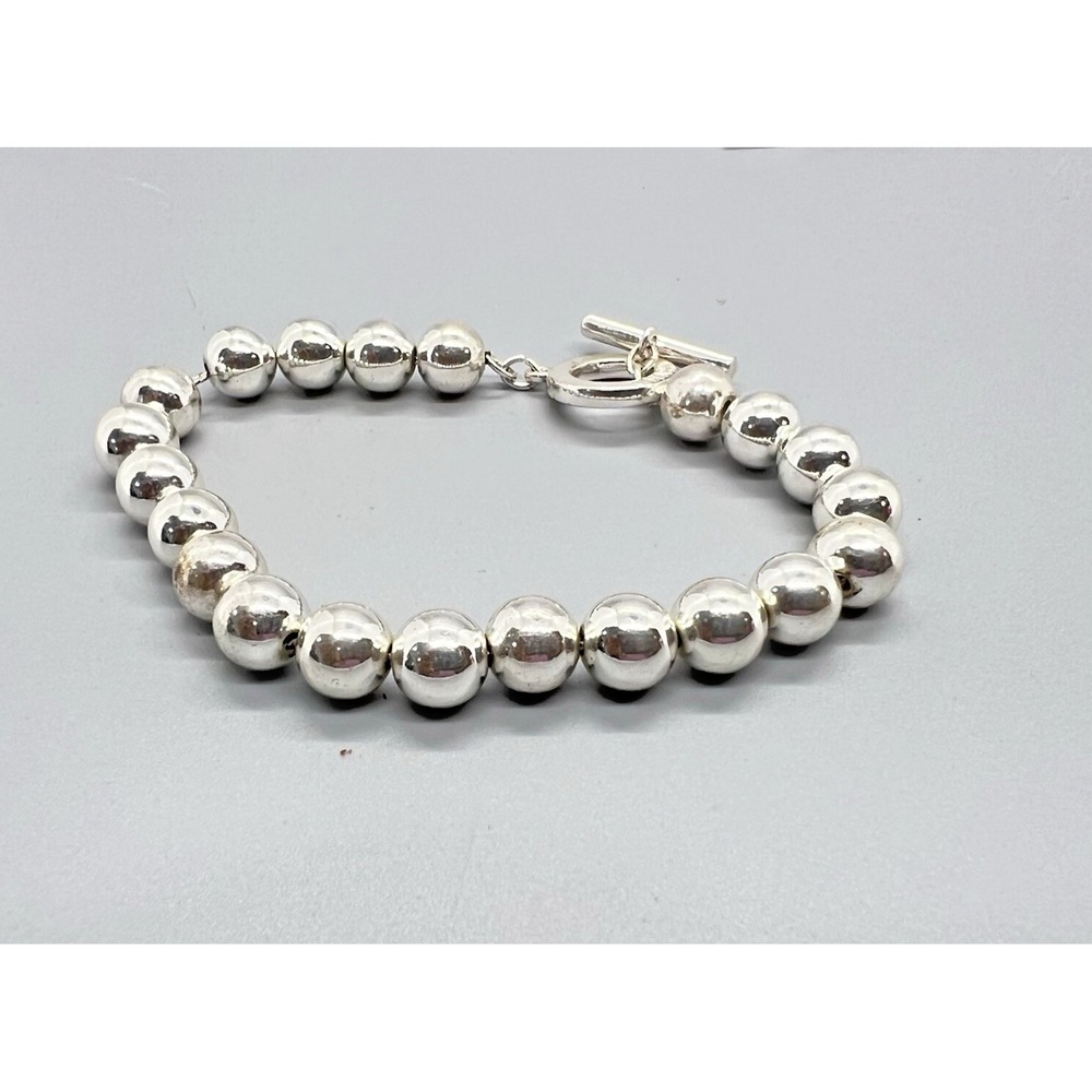 CHAPS Silver Tone Beaded Bracelet Toggle Clasp Polished Round Beads Classic